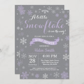 冬の赤ちゃんシャワー紫の白と灰色のスノーフレーク 招待状 (正面/裏面)