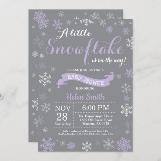 冬の赤ちゃんシャワー紫の白と灰色のスノーフレーク 招待状 (正面/裏面)
