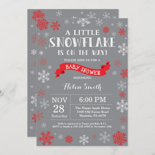 冬の赤ちゃんシャワー赤と灰色のスノーフレーク 招待状 (正面/裏面)
