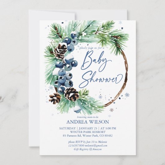 冬の赤ちゃんシャワー雪の松のリースほこりっぽい青 招待状 (正面)