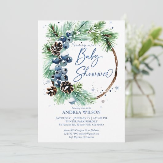 冬の赤ちゃんシャワー雪の松のリースほこりっぽい青 招待状 (スタンド正面)