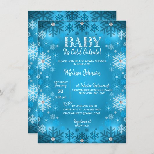 冬の赤ちゃんシャワー雪片の外は寒い 招待状 (正面/裏面)