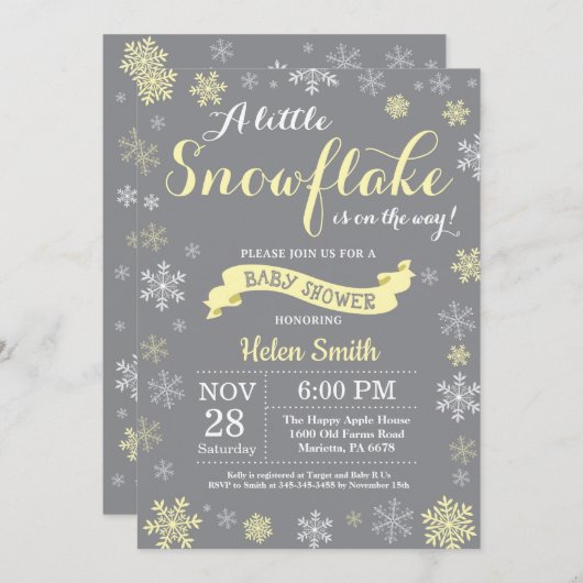 冬の赤ちゃんシャワー黄色の白と灰色のスノーフレーク 招待状 (正面/裏面)