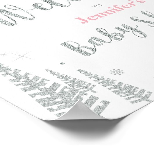 冬の赤ちゃんシャワー、女の子、ピンクのウェルカムサイン ポスター (角)