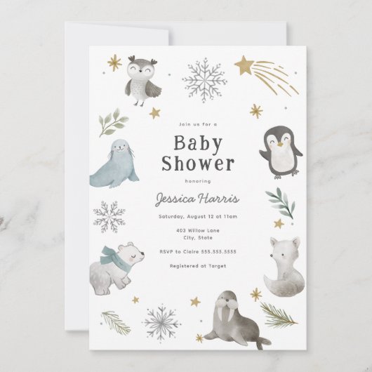 冬の赤ちゃん動物の赤ちゃんシャワー男女兼用 招待状 (正面)