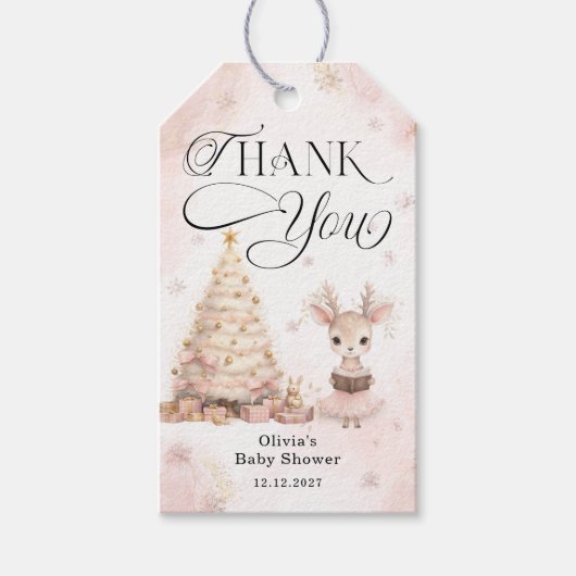 冬の赤ちゃん女の子 鹿の赤ちゃんシャワー感謝祭 ギフトタグ (正面)