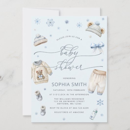 冬の赤ちゃん服の男の子シャワー 招待状 (正面)
