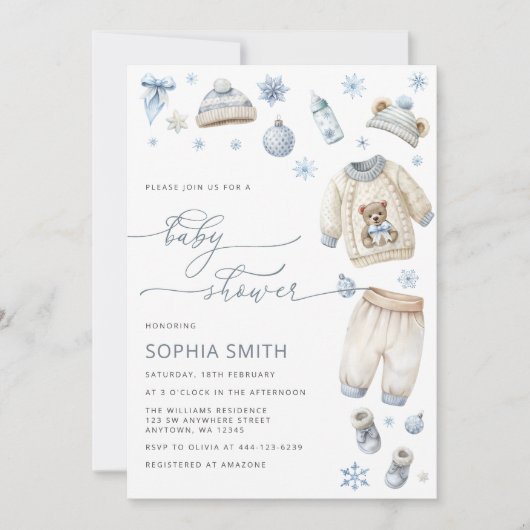 冬の赤ちゃん服の男の子シャワー 招待状 (正面)
