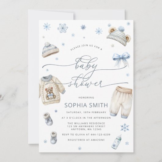 冬の赤ちゃん服ボーイベビーシャワー招待状 招待状 (正面)