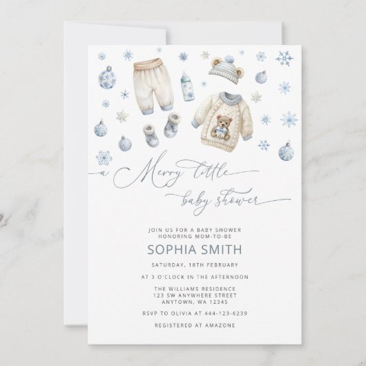 冬の赤ちゃん服メリー小さな赤ちゃんシャワー 招待状 (正面)