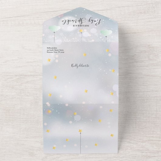 冬の赤ちゃん男女兼用のシャワーを振りかける オールインワン招待状 (外側)