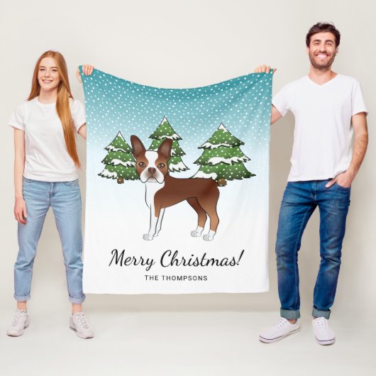 冬の赤と白森の中のボストンテリア フリースブランケット (インサイチュ)