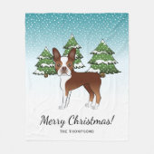 冬の赤と白森の中のボストンテリア フリースブランケット (正面)