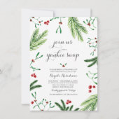 冬の赤と緑の松の果実クリスマスパーティー 招待状 (正面)