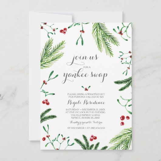 冬の赤と緑の松の果実クリスマスパーティー 招待状 (正面)