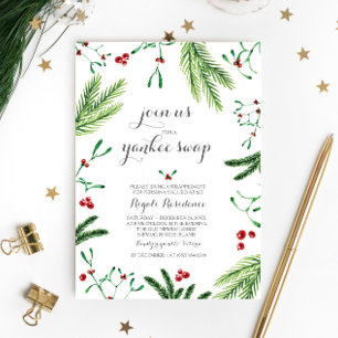冬の赤と緑の松の果実クリスマスパーティー 招待状
