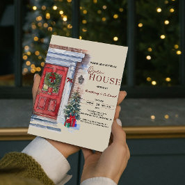 冬の赤エレガントドアロゴオープンハウスクリスマス 招待状