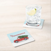 冬の赤トラックかわいい雪パーソナライズされた雪 スクエアペーパーコースター (インサイチュ)