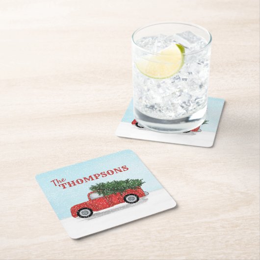 冬の赤トラックかわいい雪パーソナライズされた雪 スクエアペーパーコースター (インサイチュ)