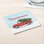 冬の赤トラックかわいい雪パーソナライズされた雪 スクエアペーパーコースター (アングル)