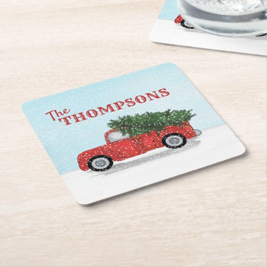 冬の赤トラックかわいい雪パーソナライズされた雪 スクエアペーパーコースター (アングル)