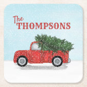 冬の赤トラックかわいい雪パーソナライズされた雪 スクエアペーパーコースター (正面)