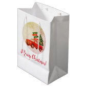 冬の赤トラックの木の家族メリークリスマス ミディアムペーパーバッグ (正面アングル)