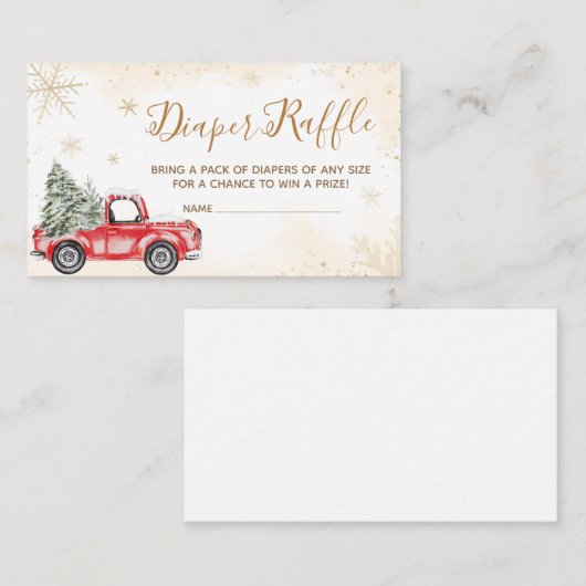 冬の赤トラック赤ちゃんシャワーおむつラッフル エンクロージャーカード (正面/裏面)
