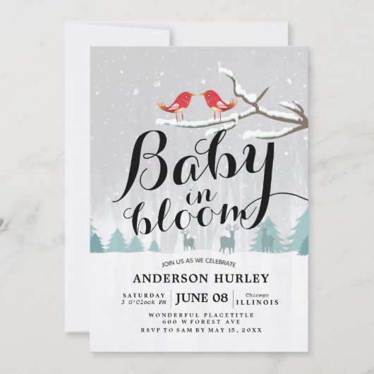 冬の赤モダンちゃんシャワーベビーで開花雪のシーン 招待状 (正面)