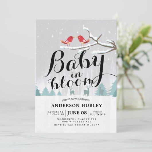 冬の赤モダンちゃんシャワーベビーで開花雪のシーン 招待状 (スタンド正面)