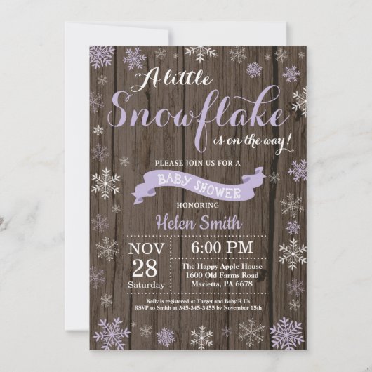 冬の赤素朴ちゃんシャワーパープルホワイトスノーフレーク 招待状 (正面)