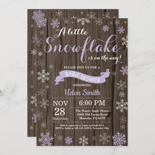 冬の赤素朴ちゃんシャワーパープルホワイトスノーフレーク 招待状 (正面/裏面)
