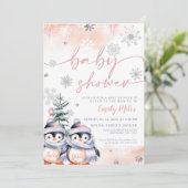 冬の赤面とピンクペンギン双子ベビーシャワー 招待状 (スタンド正面)
