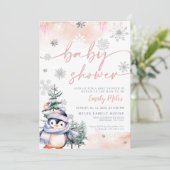 冬の赤面とピンクペンギン赤ちゃんシャワー 招待状 (スタンド正面)