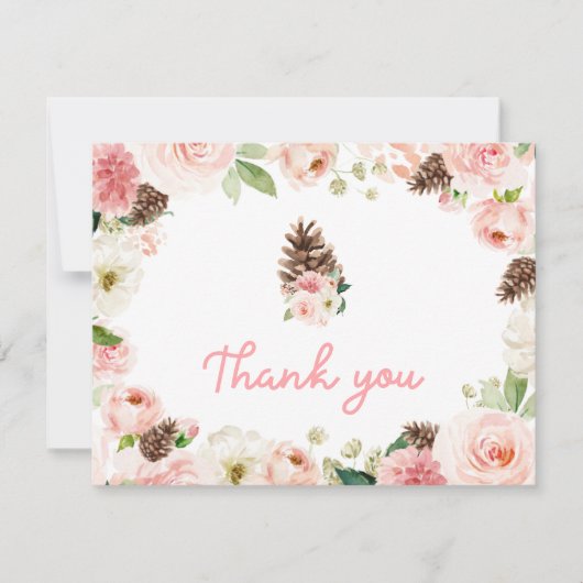 冬の赤面ピンクのフローラベビーシャワー サンキューカード (正面)