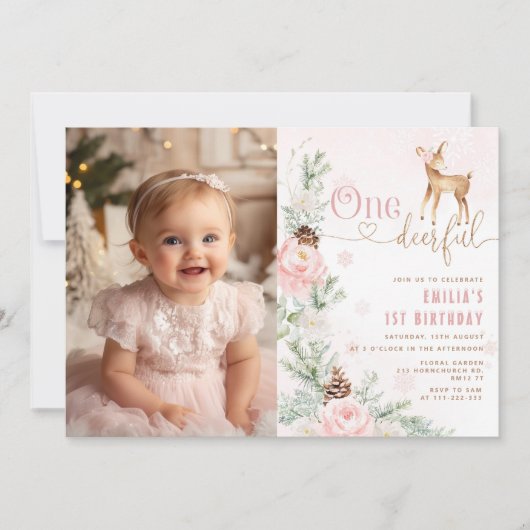冬の赤面ピンク一鹿フル1歳の誕生日の写真 招待状 (正面)