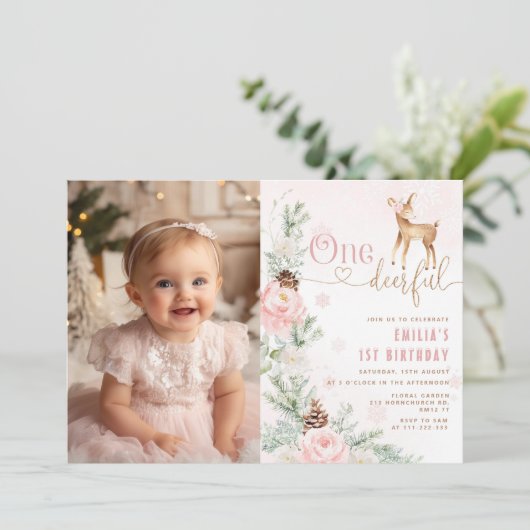 冬の赤面ピンク一鹿フル1歳の誕生日の写真 招待状 (スタンド正面)