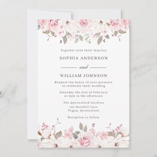 冬の赤面&グレーウォーター色フローラバラ結婚ズ 招待状 (正面)