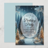 冬の輝きに満ちた、フロステッド・パインズの誕生日パーティー 招待状 (正面/裏面)