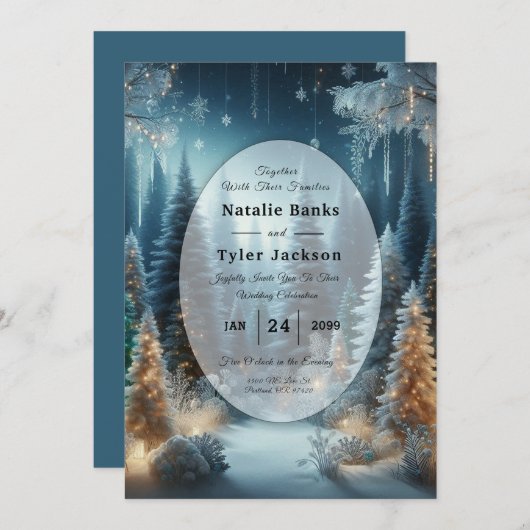 冬の輝く松の結婚霜 招待状 (正面/裏面)