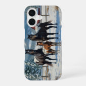 冬の農園で黒いアパロオーサの馬 iPhone 16ケース (裏面)