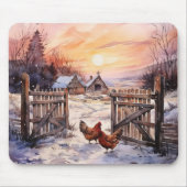 冬の農場で鶏 マウスパッド (正面)