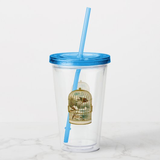 冬の農場のシーンバードケージ内のブランチ上の鳥 アクリルタンブラー (裏面)