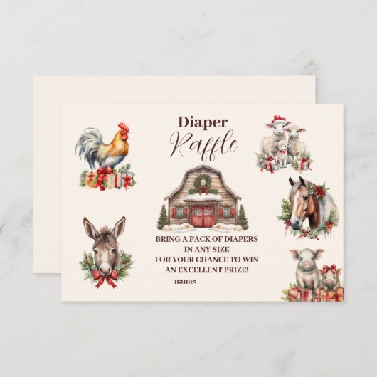 冬の農業動物クリスマスおむつラッフル エンクロージャーカード (正面/裏面)