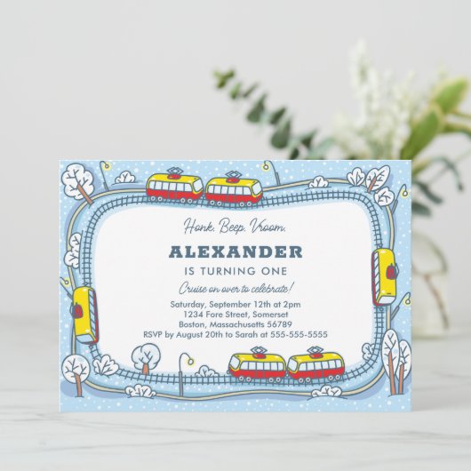 冬の通りトラムズキッズトランスポート誕生日 招待状 (スタンド正面)