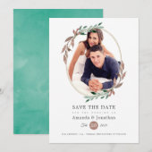 冬の郷土色豊かなグリーン写真ウェディング セーブザデート (正面/裏面)