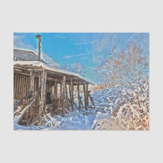 冬の郷愁を誘う雪に覆われた小屋と青空の風景 薄葉紙 (正面)