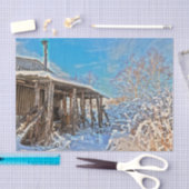 冬の郷愁を誘う雪に覆われた小屋と青空の風景 薄葉紙 (クラフト)