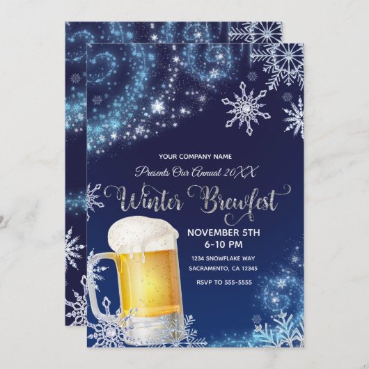 冬の醸造フェストビールパーティーワンダーランドブルーホワイト 招待状 (正面/裏面)