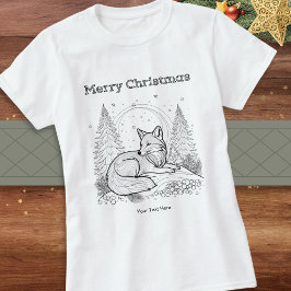 冬の野生のキツネのラインアート絵画 クリスマス Tシャツ